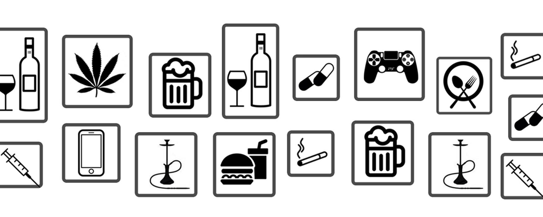 Grafik: mit mehreren Symbolen zum Thema Sucht und Abhängigkeiten, z.B. Zigaretten, Alkohol, Essen, Handy...