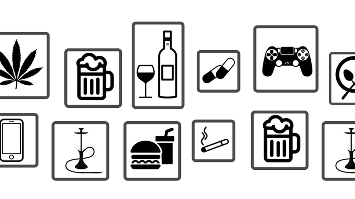 Grafik: mit mehreren Symbolen zum Thema Sucht und Abhängigkeiten, z.B. Zigaretten, Alkohol, Essen, Handy...