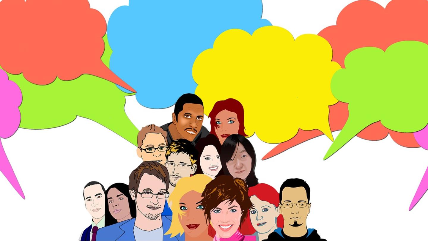 Grafik mit Gruppe von Jugendliche und junge Erwachsenen mit bunten Sprechblasen