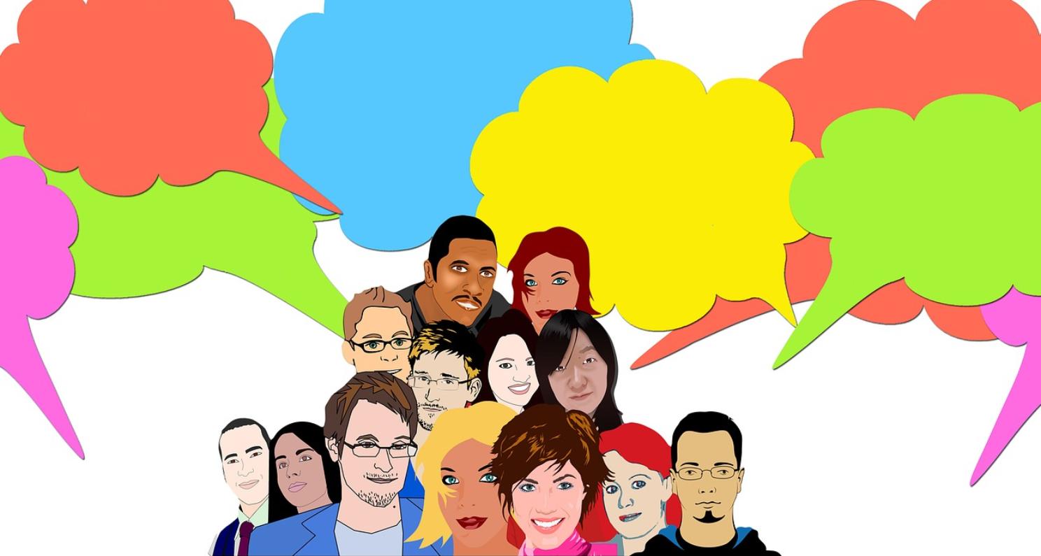 Grafik mit Gruppe von Jugendliche und junge Erwachsenen mit bunten Sprechblasen
