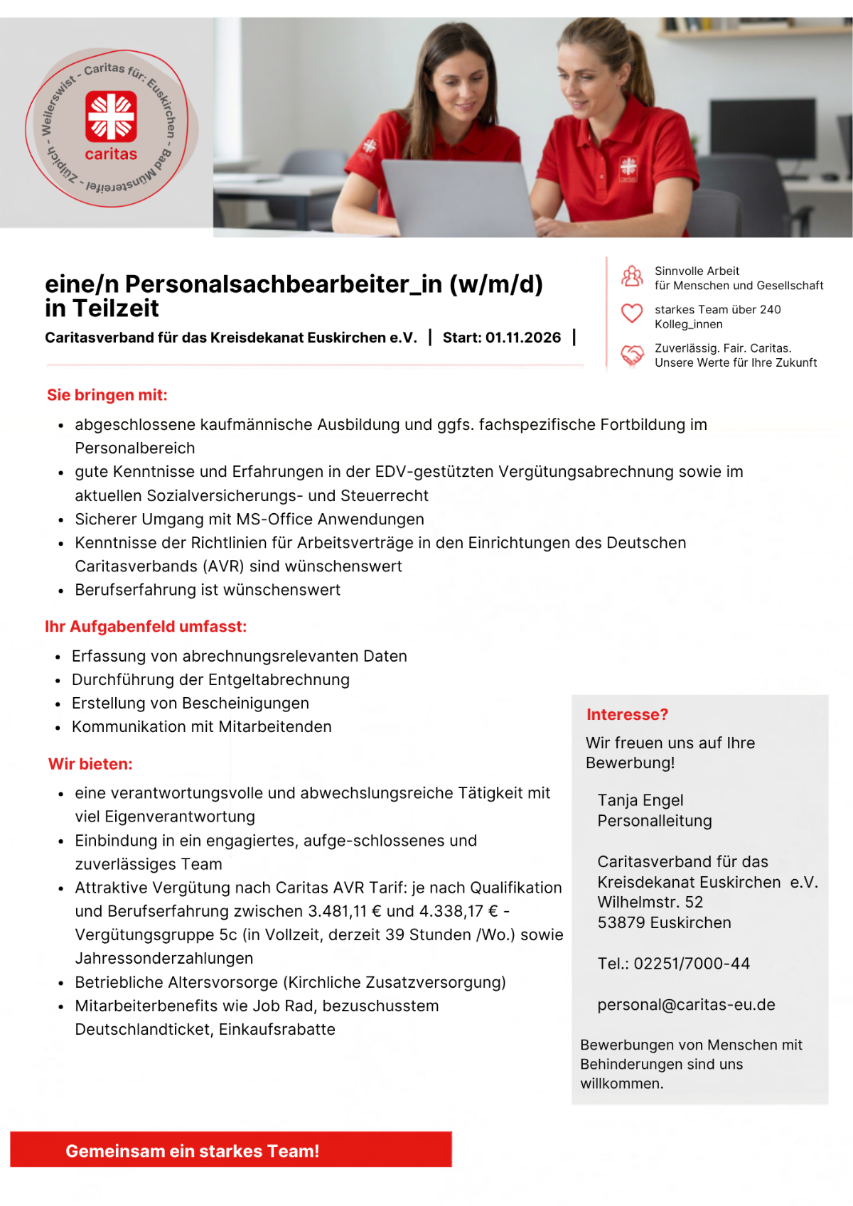Stellenausschreibung CV EU Personalsachbearbeiter_in 2026 Teilzeit (c) Caritasverband Euskirchen Martina Schneider