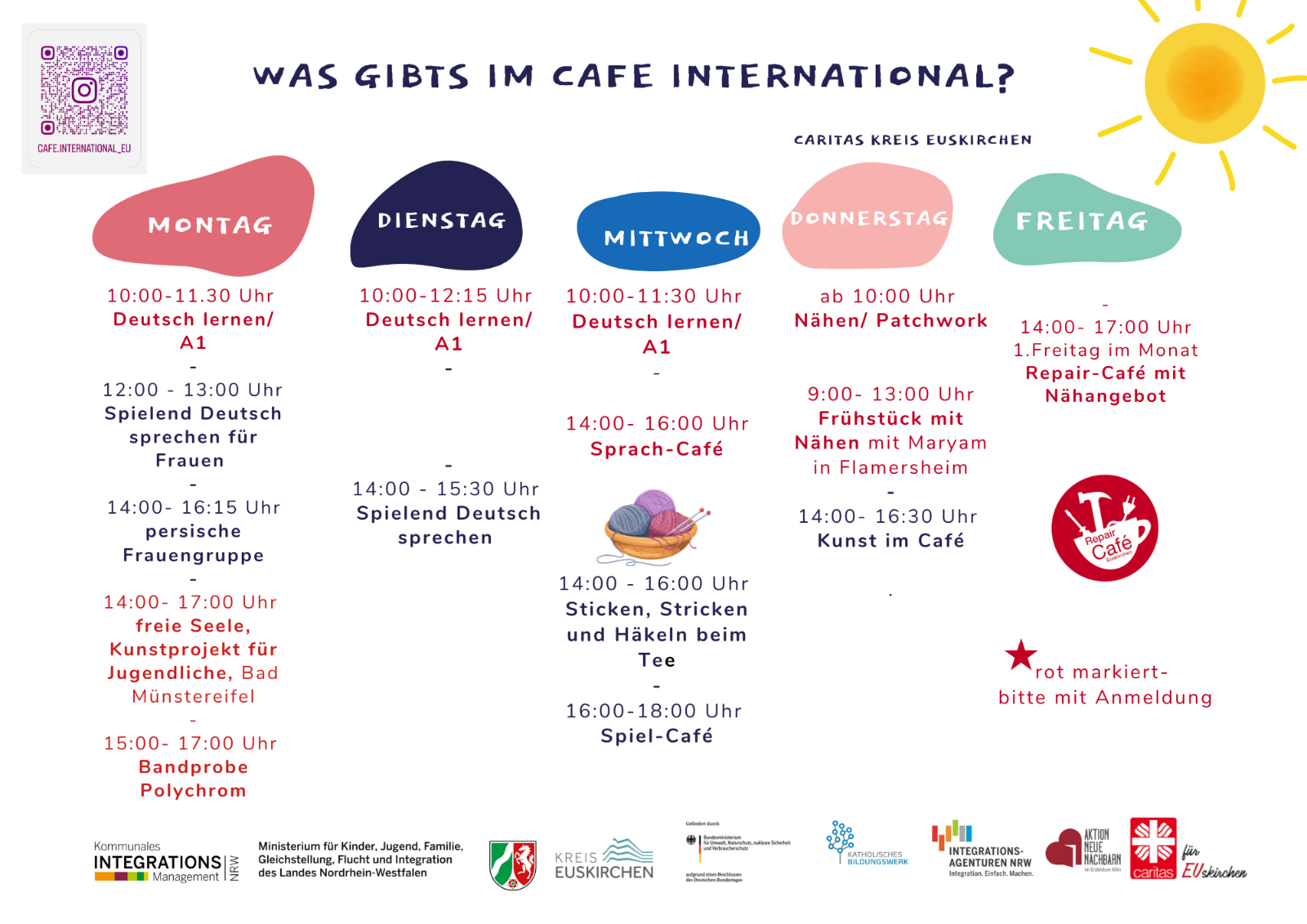 Unsere Angebote im Cafe International 2025 (c) Caritasverband Euskirchen Martina Schneider Unsere Angebote im Cafe International 2025 (c) Caritasverband Euskirchen Martina Schneider